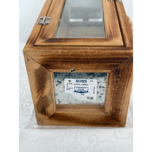 Rustic Wooden & Glass Lantern With Metal‎ Top & Rope Handle 13.75"Tall - Picture 7 of 7